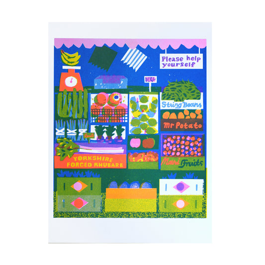 A vibrant illustration of a market stall filled with various fruits and vegetables. Items include bananas, string beans, and rhubarb, with a sign saying "Please help yourself" and a playful "Mr Potato" label. The background is bright blue.