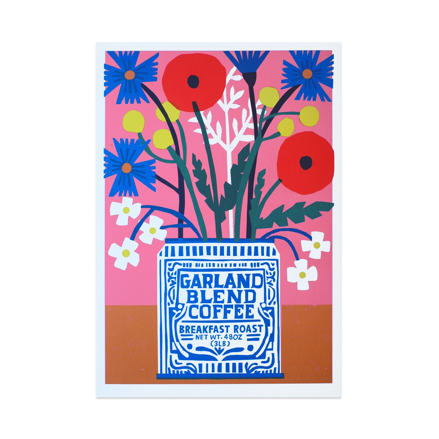 A vibrant illustration featuring a blue and white coffee canister labelled "Garland Blend Coffee" surrounded by a bouquet of colourful flowers, including red poppies and blue blooms, set against a pink background.