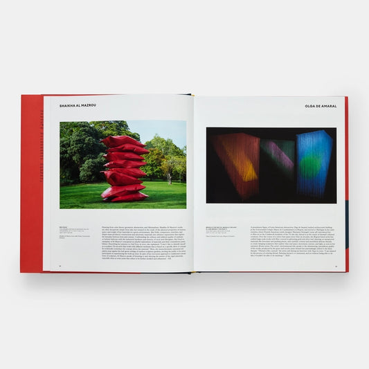 A spread from an art book featuring two artworks. On the left, a sculpture of stacked red pillows in a green park. On the right, an installation with colourful light patterns against a dark background. Text descriptions accompany each piece.