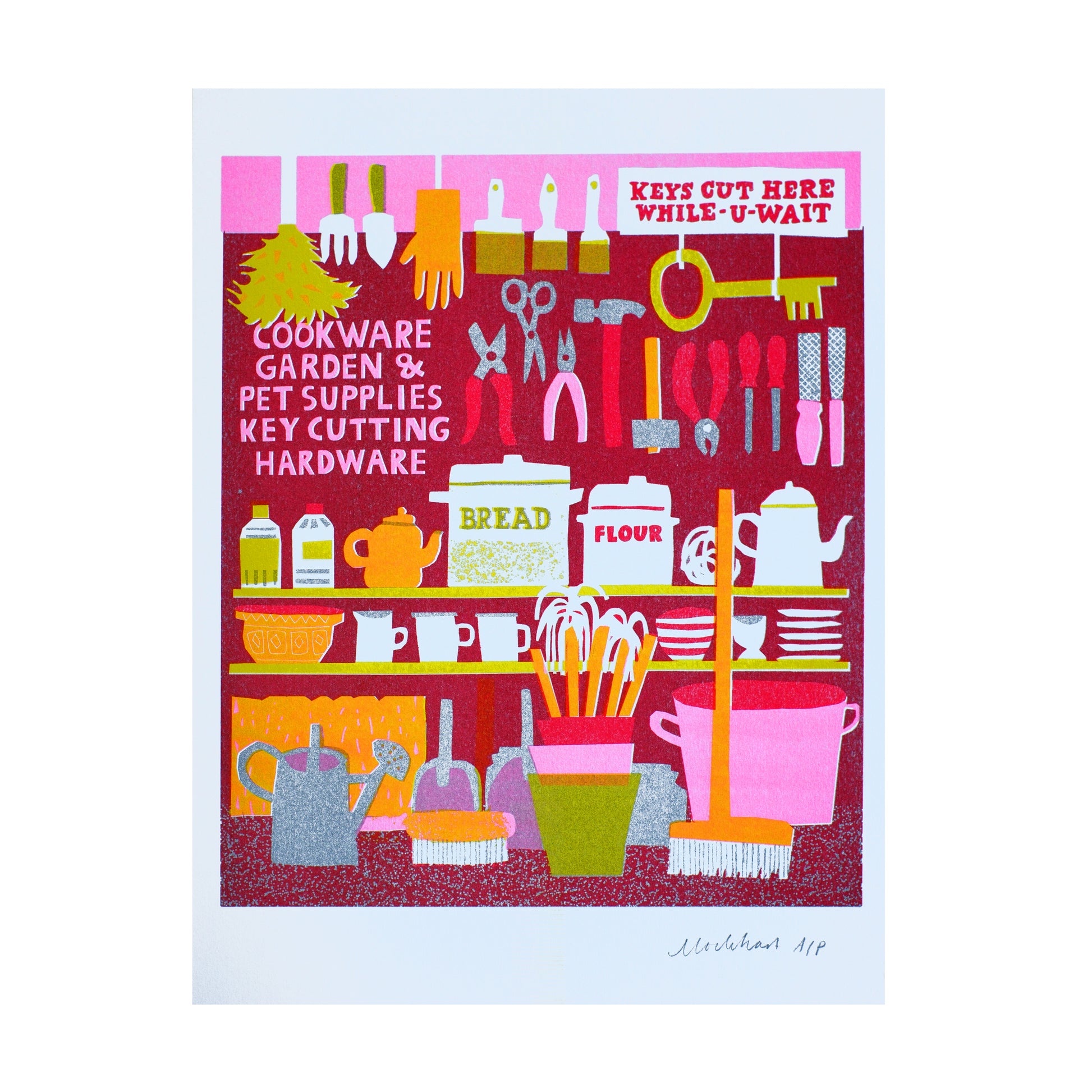 A vibrant illustration of a shop display featuring various items. Shelves are filled with cookware, garden tools, pet supplies, and hardware. Prominently displayed is a sign reading "Keys cut here while-u-wait," alongside containers labelled "Bread" and "Flour.