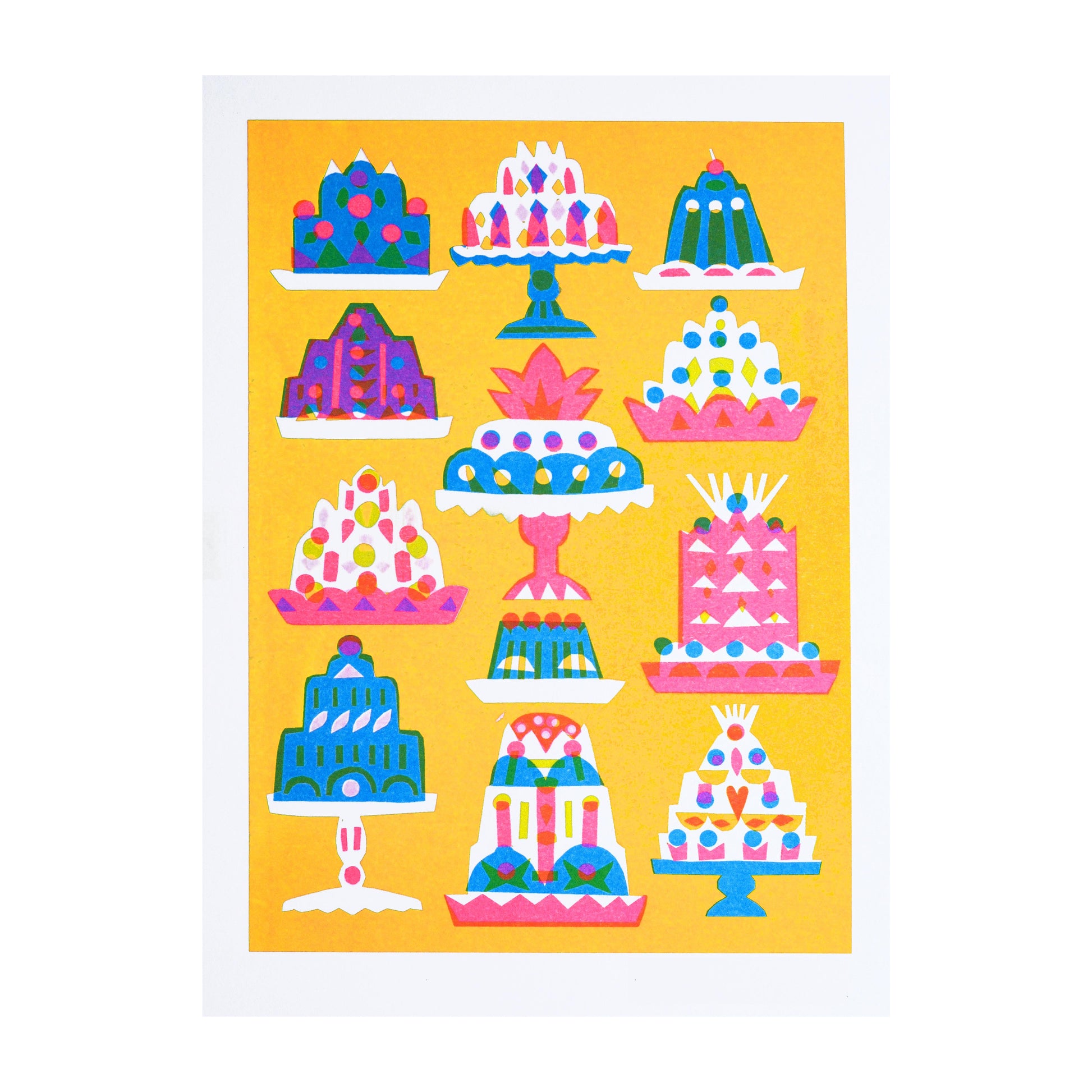 A vibrant illustration featuring twelve decorative cakes on colourful stands. Each cake is uniquely designed with various shapes, patterns, and bright colours, set against a cheerful yellow background, creating a festive and playful atmosphere.