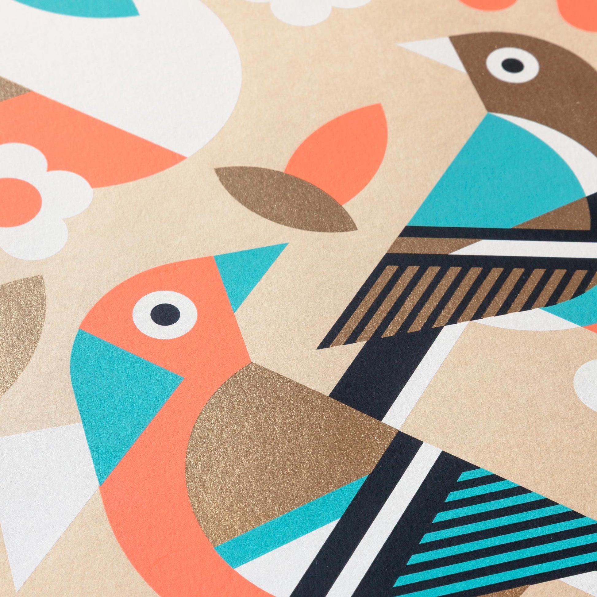 Colourful geometric pattern with stylised birds on a beige background