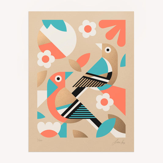 Colorful abstract art print with birds and flowers on a beige background