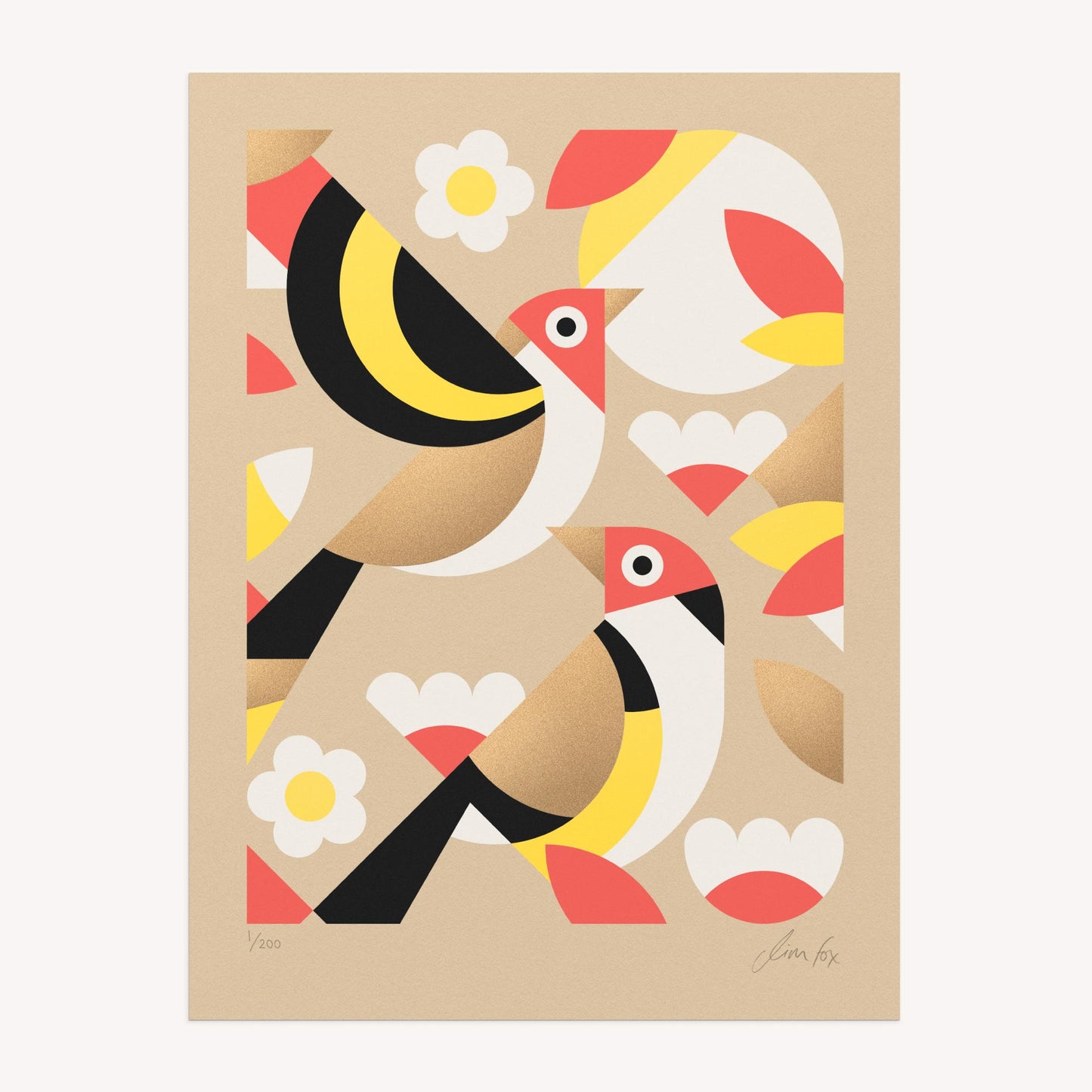 Colourful bird and flower pattern on a beige background