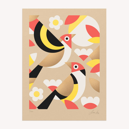 Colourful bird and flower pattern on a beige background