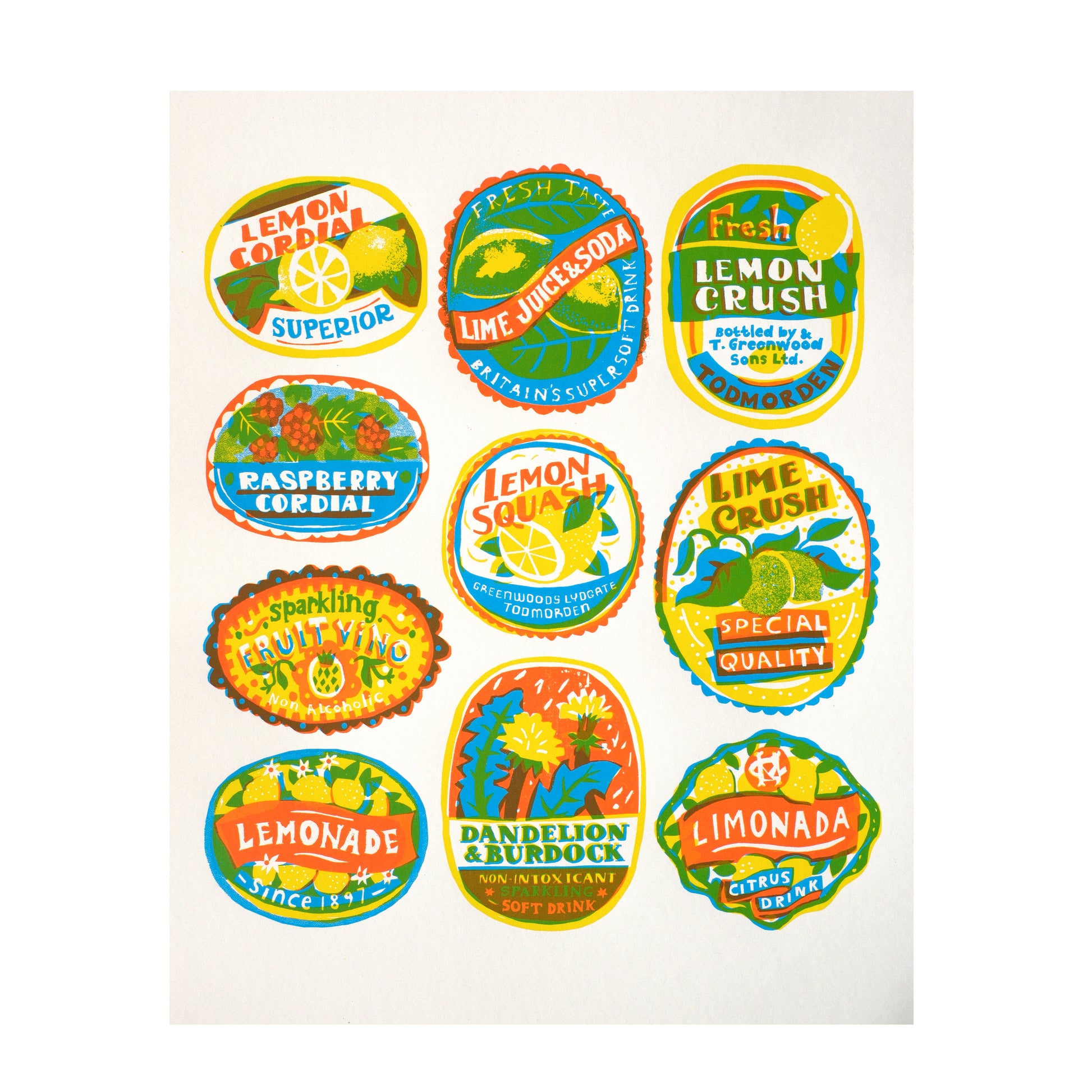A collection of vintage-style beverage labels featuring various flavours such as Lemon Cordial, Raspberry Cordial, Lemon Squash, Lime Crush, and Dandelion & Burdock. Each label is brightly coloured with playful designs and text.