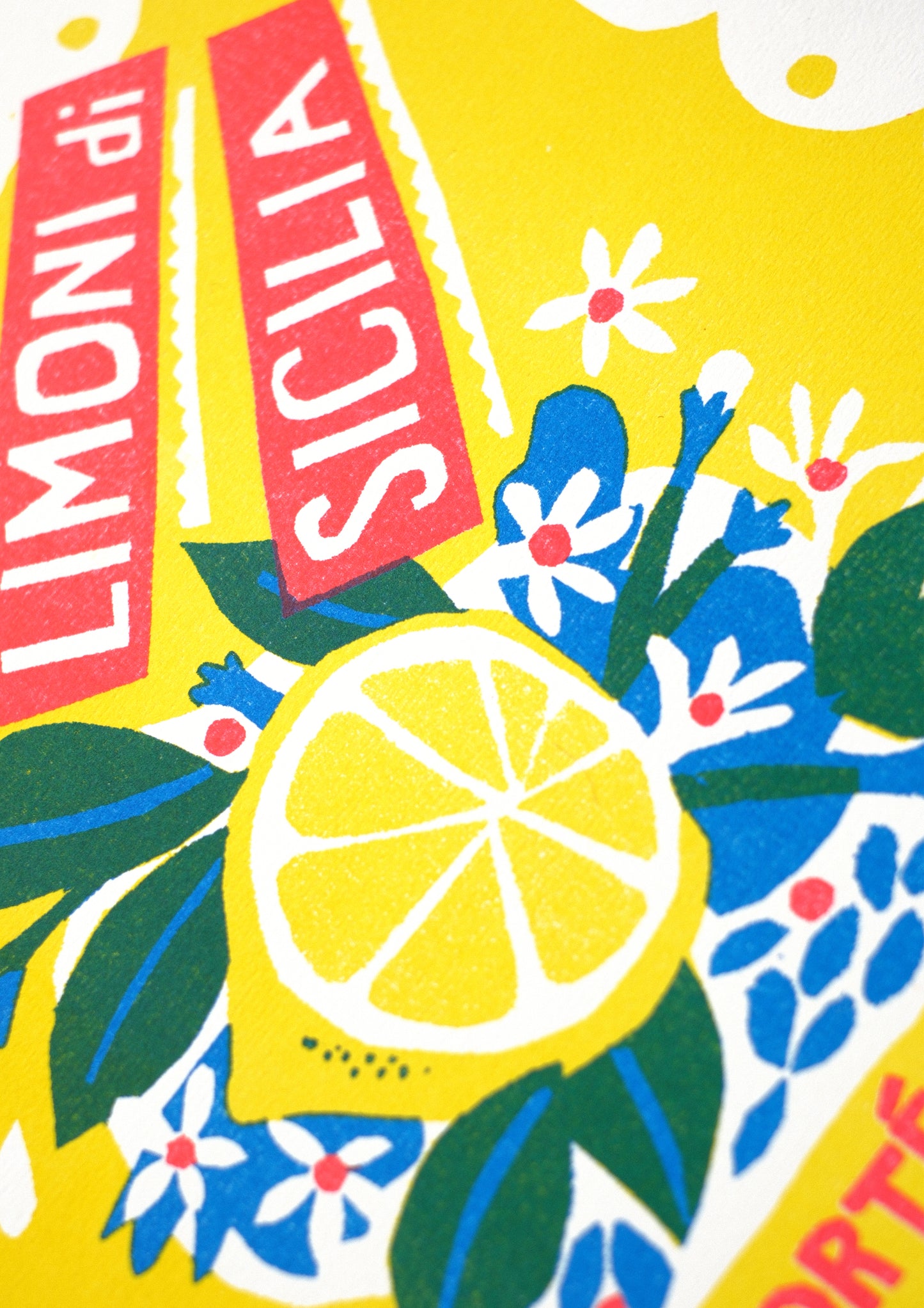 A vibrant vintage-style poster featuring a bright yellow background. It displays a large lemon surrounded by blue flowers and green leaves. The text reads "Limoni di Sicilia" and "Importé d'Italie" in bold, colourful lettering.