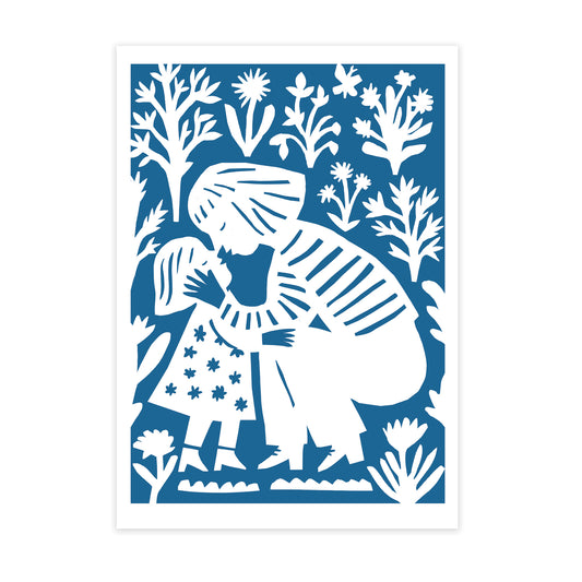 An  artwork featuring a woman embracing a young girl amidst a backdrop of stylised flowers and plants. The design is predominantly blue with white figures, conveying a sense of warmth and affection.