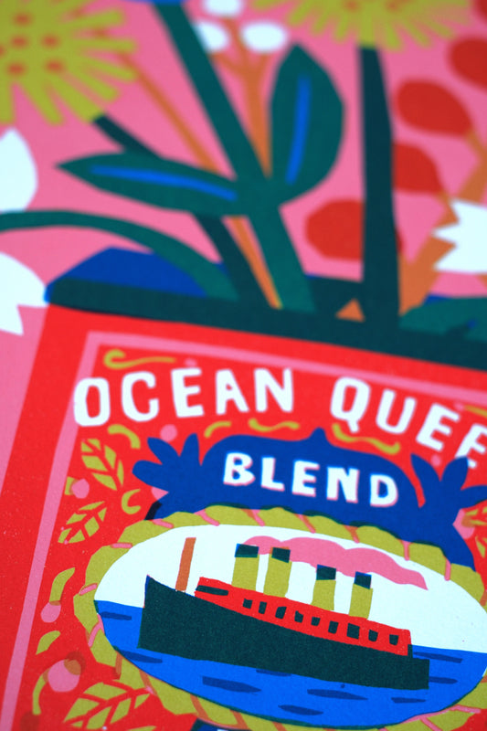 A vibrant illustration featuring a tea tin labelled "Ocean Queen Blend" surrounded by colourful flowers. The background is pink, enhancing the bold colours of the tin and floral arrangement, creating a cheerful and lively composition.