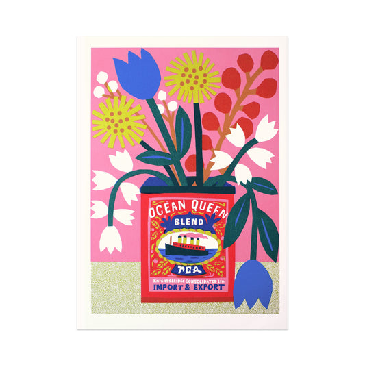 A vibrant illustration featuring a tea tin labelled "Ocean Queen Blend" surrounded by colourful flowers. The background is pink, enhancing the bold colours of the tin and floral arrangement, creating a cheerful and lively composition.