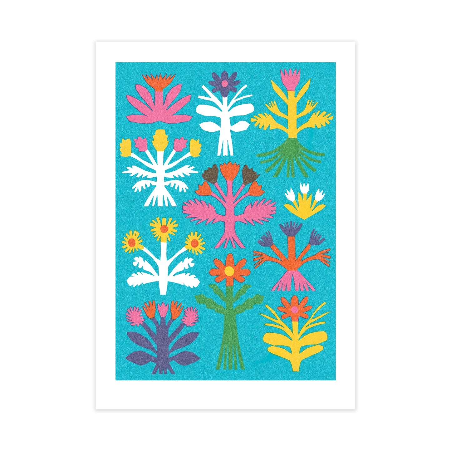 A vibrant illustration featuring a variety of stylised flowers in bold colours, including pink, yellow, and white, set against a bright blue background. The design showcases different floral shapes arranged in a grid pattern.