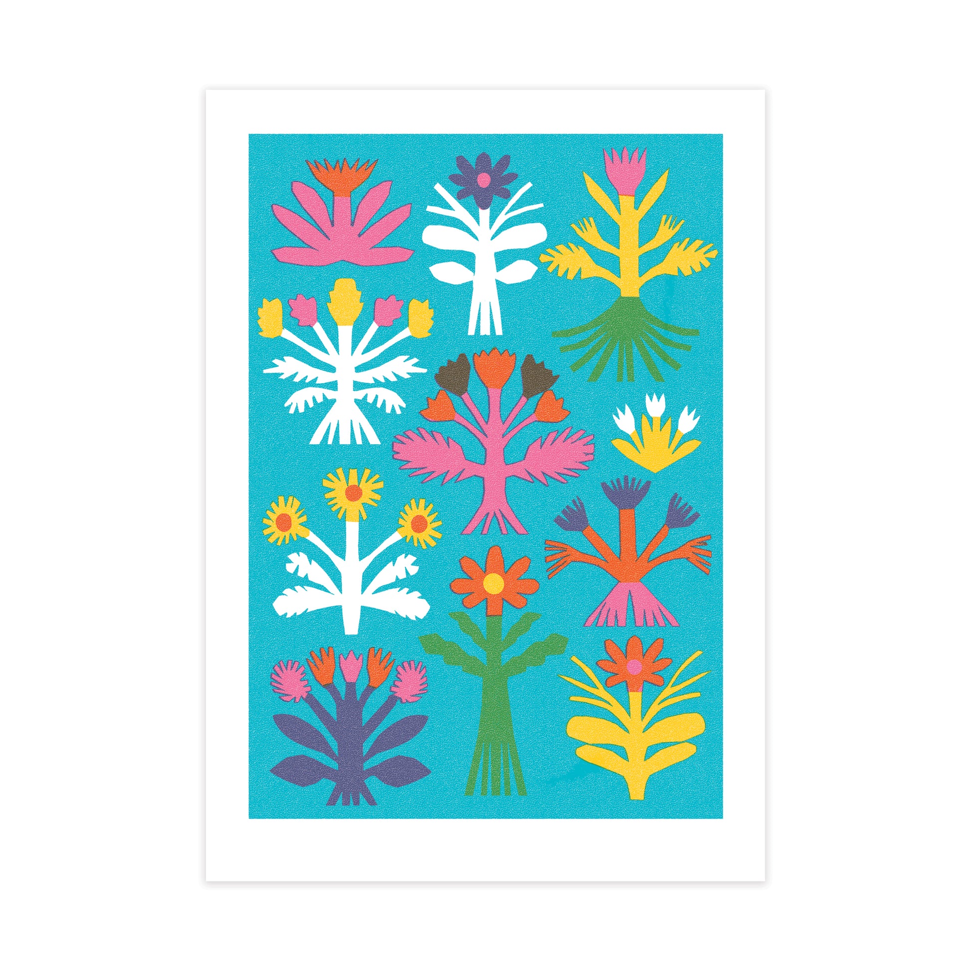 A vibrant illustration featuring a variety of stylised flowers in bold colours, including pink, yellow, and white, set against a bright blue background. The design showcases different floral shapes arranged in a grid pattern.