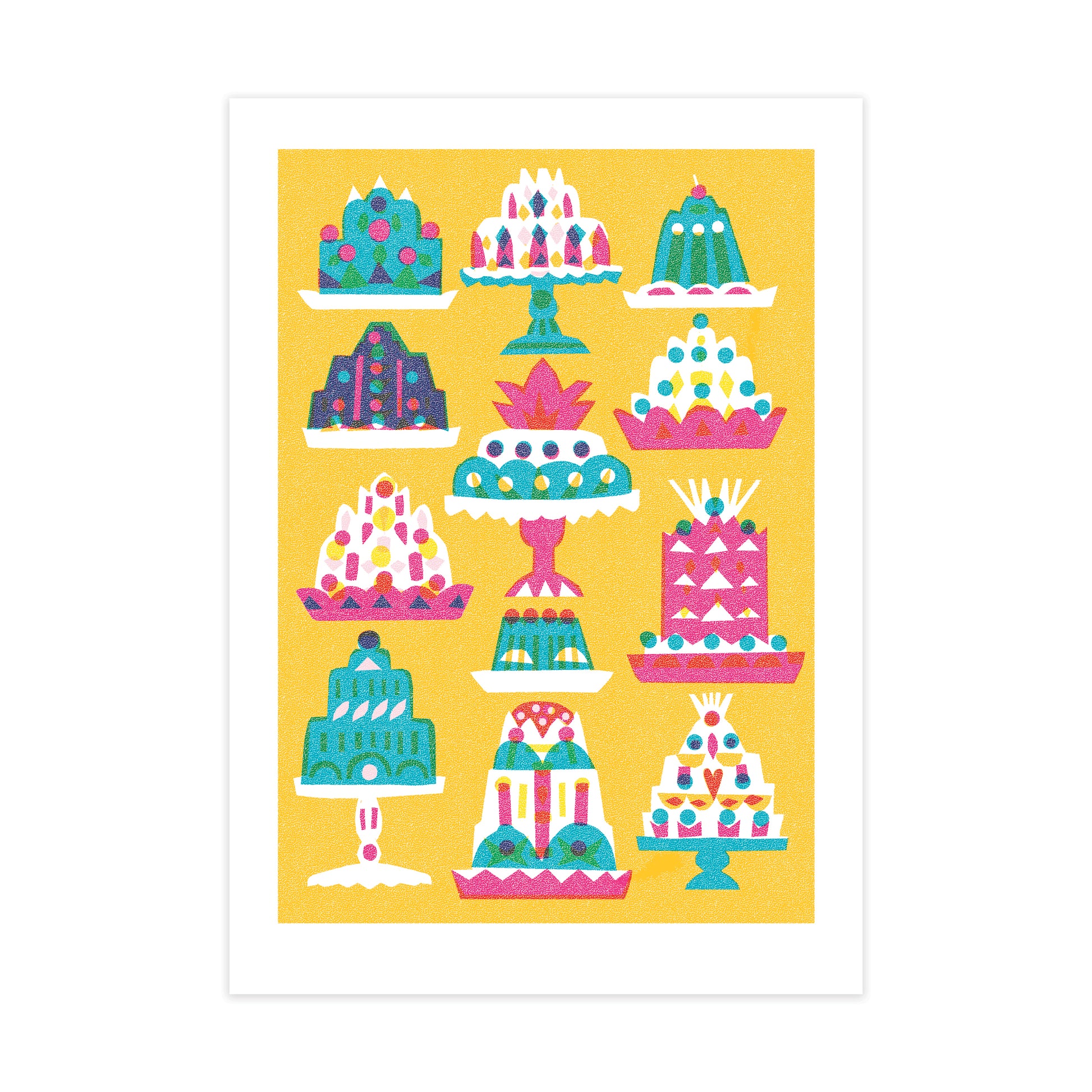 A vibrant illustration featuring twelve decorative cakes on colourful stands. Each cake is uniquely designed with various shapes, patterns, and bright colours, set against a cheerful yellow background, creating a festive and playful atmosphere.
