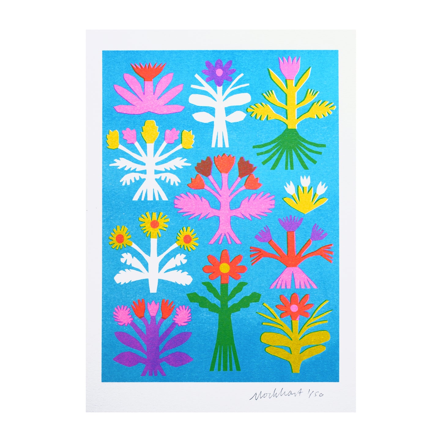 A vibrant illustration featuring a variety of stylised flowers in bold colours, including pink, yellow, and white, set against a bright blue background. The design showcases different floral shapes arranged in a grid pattern.