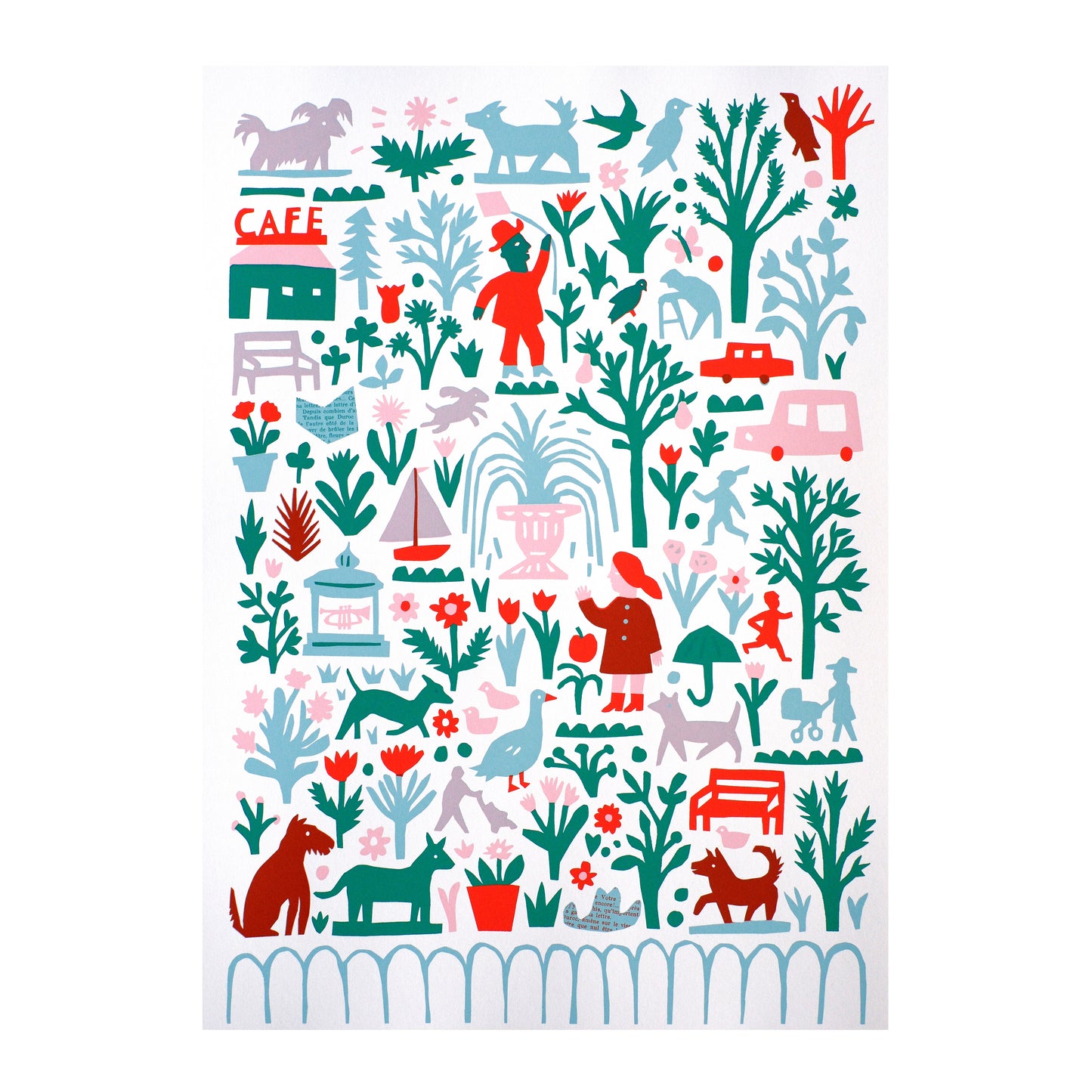 A vibrant illustration featuring a whimsical scene filled with trees, animals, and people. Various elements include a café, cars, and playful characters amidst lush greenery and flowers, creating a lively, cheerful atmosphere.