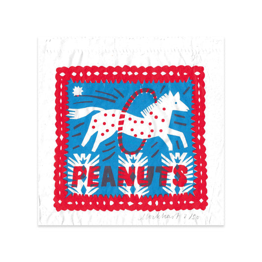 A vibrant graphic design featuring a white horse with red polka dots, set against a blue background. The horse is surrounded by stylised white flowers, and the word "PEANUTS" is prominently displayed in bold red letters at the bottom.