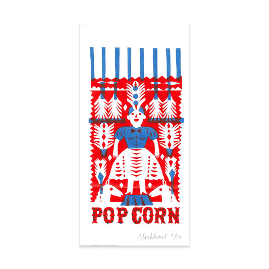 A vibrant, stylised illustration featuring a central figure surrounded by geometric patterns in red, blue, and white. The word "POP CORN" is prominently displayed at the bottom, with a signature and edition number at the bottom right.