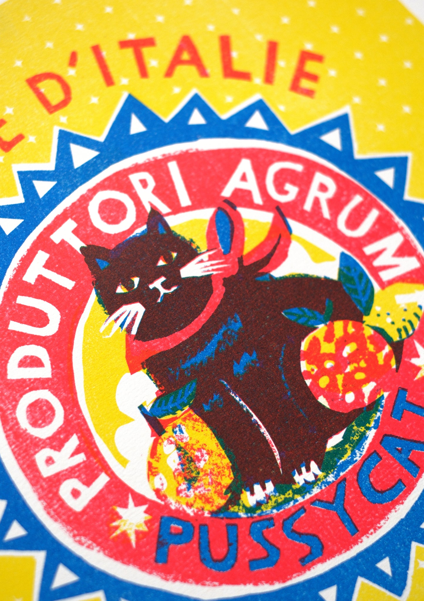A vibrant yellow square featuring a circular logo. The logo displays a black cat surrounded by fruit, with the text "Importe d'Italie" and "Produttori Agrum" in bold, colourful letters. The design has a playful, retro aesthetic.
