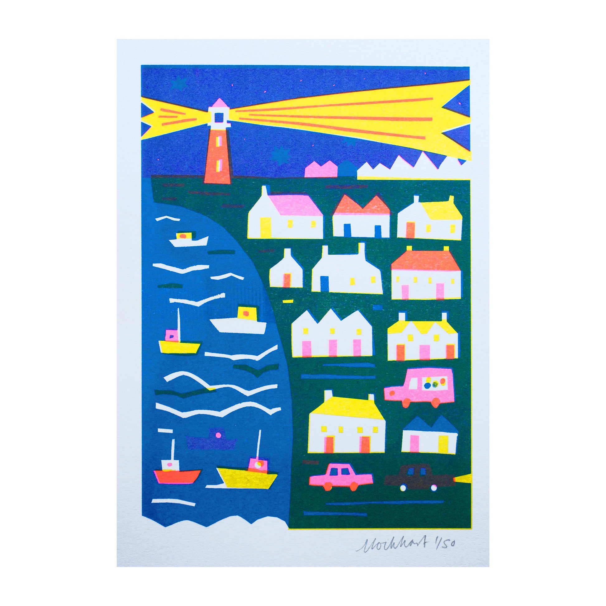 A vibrant illustration depicting a coastal scene with a lighthouse beaming light over a bay. Colourful houses line the shore, with boats on the water and cars parked nearby. The artwork features bold shapes and bright colours, creating a cheerful atmosphere.