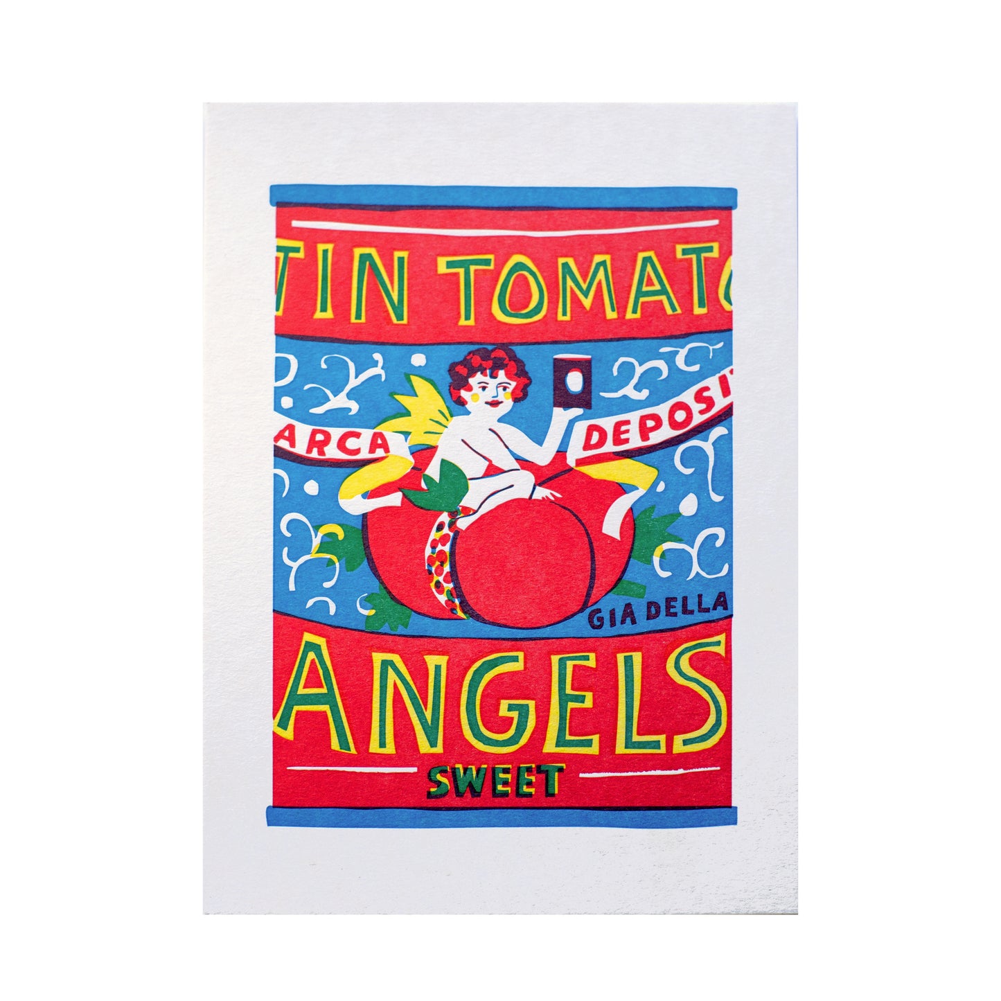 A vibrant vintage-style poster featuring a whimsical illustration of a woman with wings sitting on a large tomato. The text reads "Twin Tomato Angels Sweet" in bold, colourful letters against a blue background, with decorative swirls.