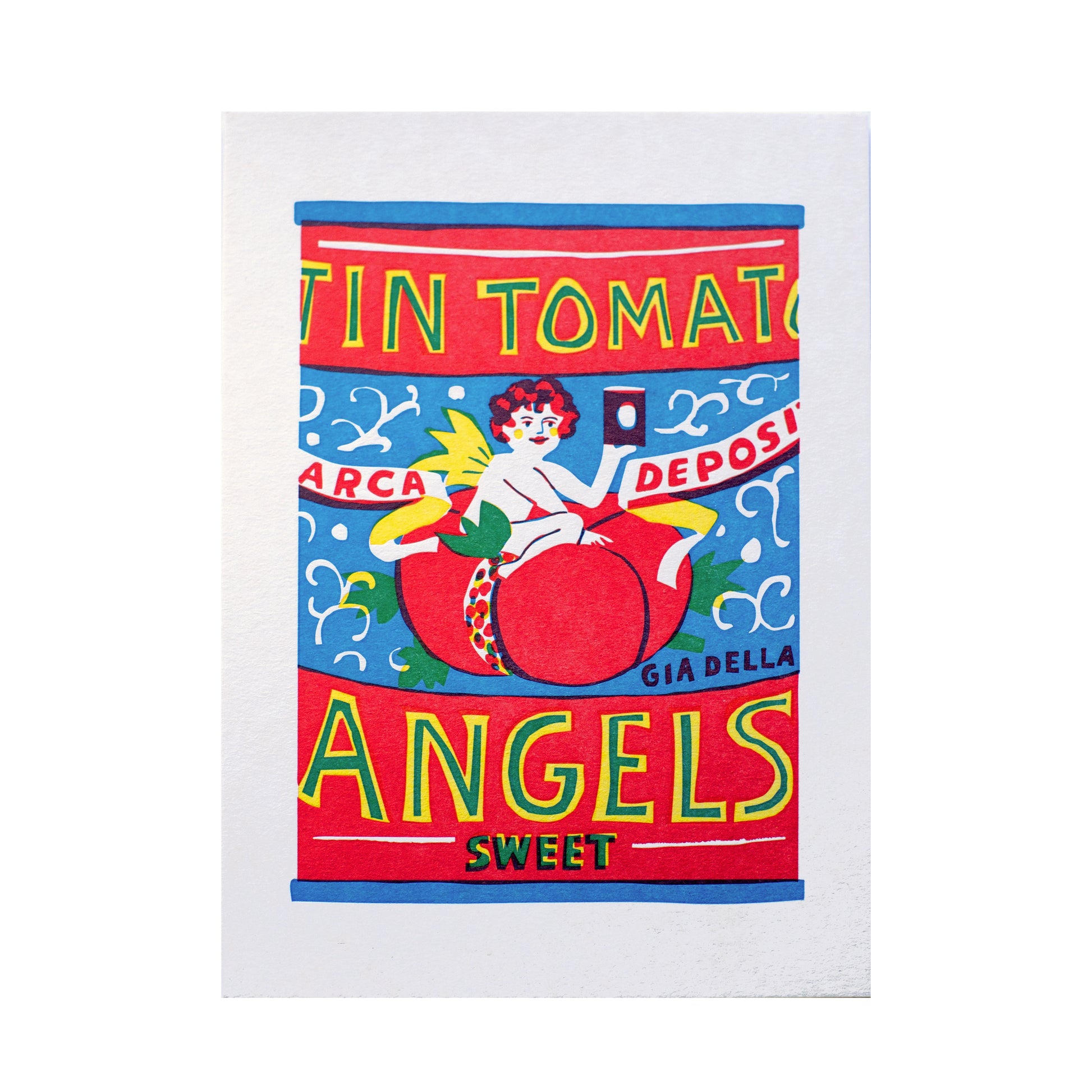 A vibrant vintage-style poster featuring a whimsical illustration of a woman with wings sitting on a large tomato. The text reads "Twin Tomato Angels Sweet" in bold, colourful letters against a blue background, with decorative swirls.