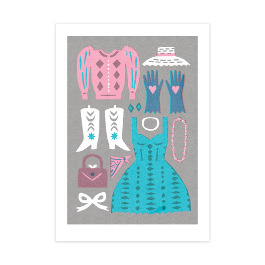 A vibrant illustration featuring a collection of fashion items: a pink cardigan, a white hat, blue gloves with heart motifs, white cowboy boots, a blue dress, a pink handbag, a blue bandana, a necklace, and a white bow, all set against a silver background.