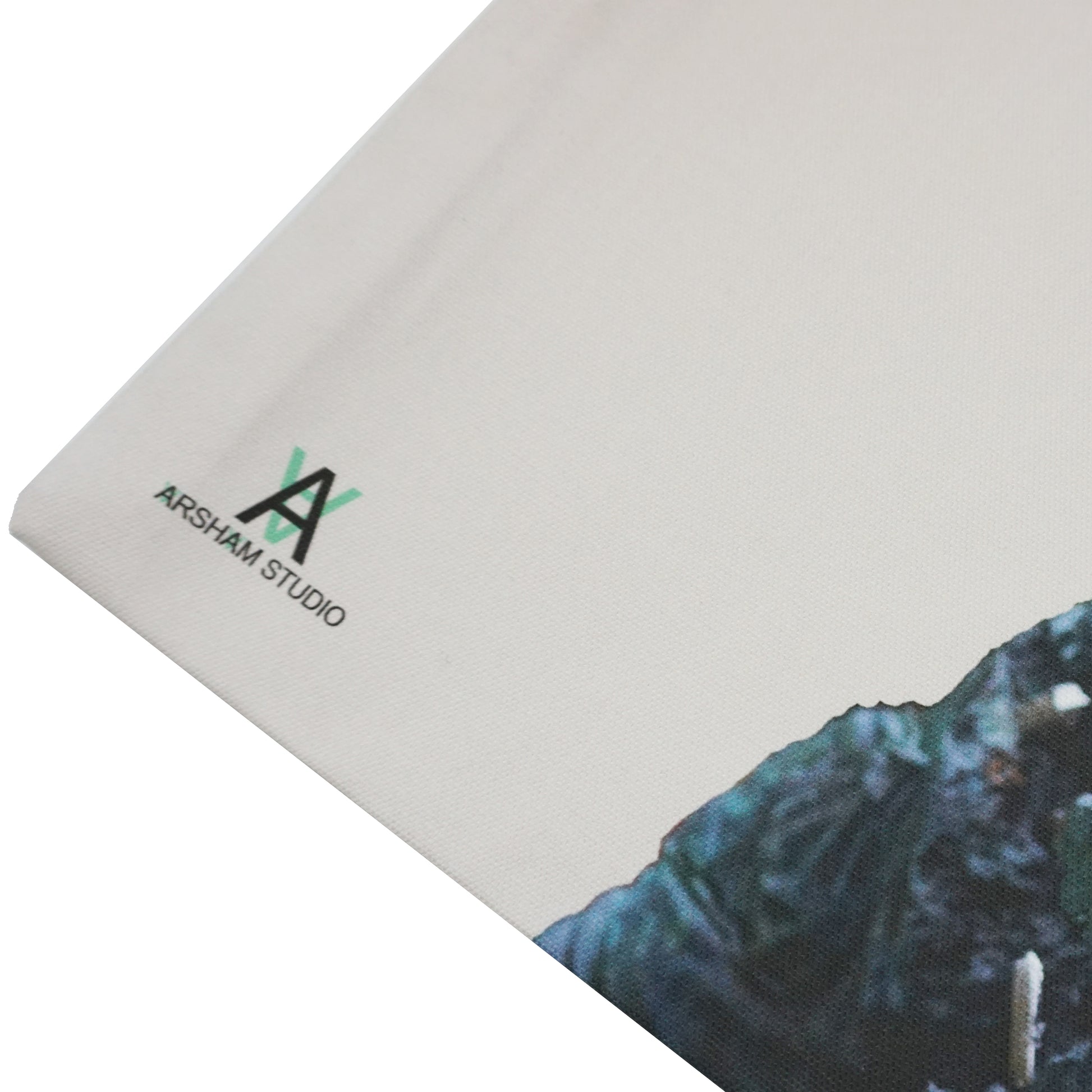 A close-up of a canvas featuring a textured surface with a partially visible image of a figure in a dark outfit. The bottom left corner displays the logo of Arsham Studio in green and black. The overall tone is artistic and modern.