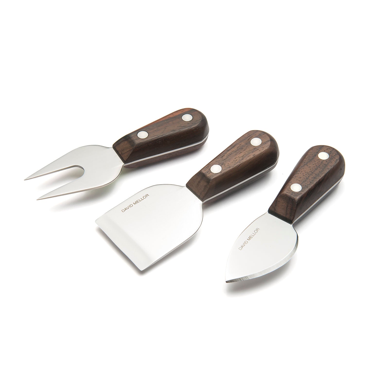 A set of three cheese knives featuring wooden handles with silver rivets. 