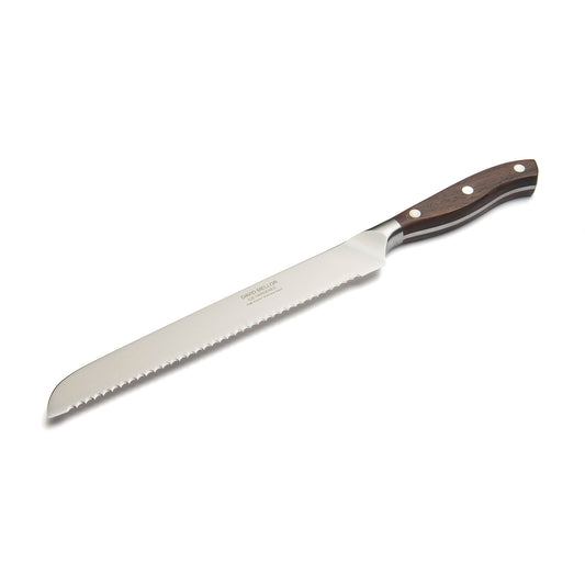 A serrated bread knife with a long, stainless steel blade and a dark wooden handle. The handle features three small rivets for added grip and stability. The blade is designed for slicing through crusty bread with ease.