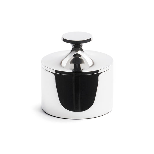 A sleek, polished silver container with a rounded base and a flat, circular lid. The design is minimalist and modern, featuring a smooth surface that reflects light, creating an elegant appearance suitable for decorative or functional use.