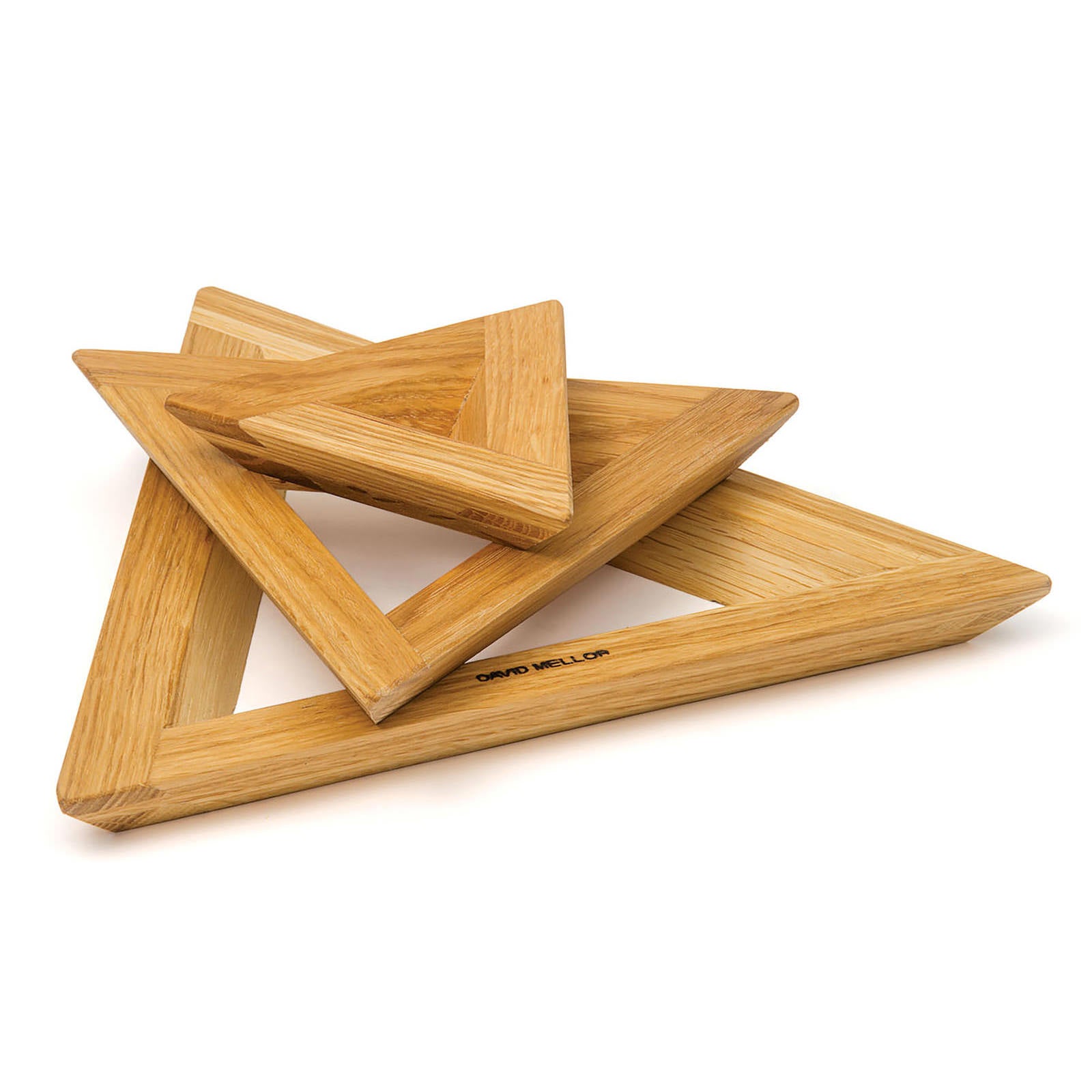Three wooden triangular frames of varying sizes are stacked on top of each other. The frames are made of light-coloured wood, showcasing a smooth finish and natural grain. The largest frame is at the bottom, with the smaller ones layered above.