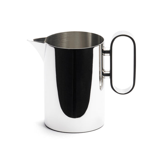 A sleek, polished stainless steel milk jug with a spout and a curved handle. The jug has a reflective surface, showcasing a modern design suitable for serving milk or cream. It stands on a plain white background.