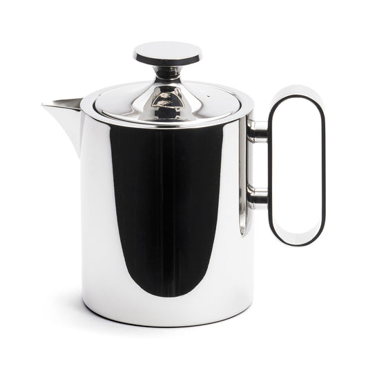 A sleek, modern stainless steel teapot with a polished finish. It features a round body, a lid with a small knob, and a distinctive handle that is partially open, giving it a contemporary look suitable for stylish dining.