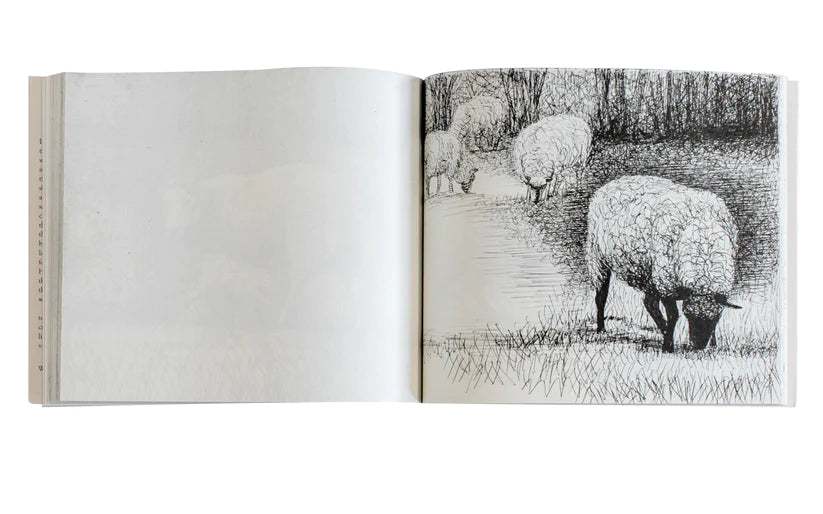 A partially open book displays an illustration of sheep grazing in a grassy field. The left page is blank, while the right page features detailed, sketched sheep with a backdrop of trees and a serene landscape.