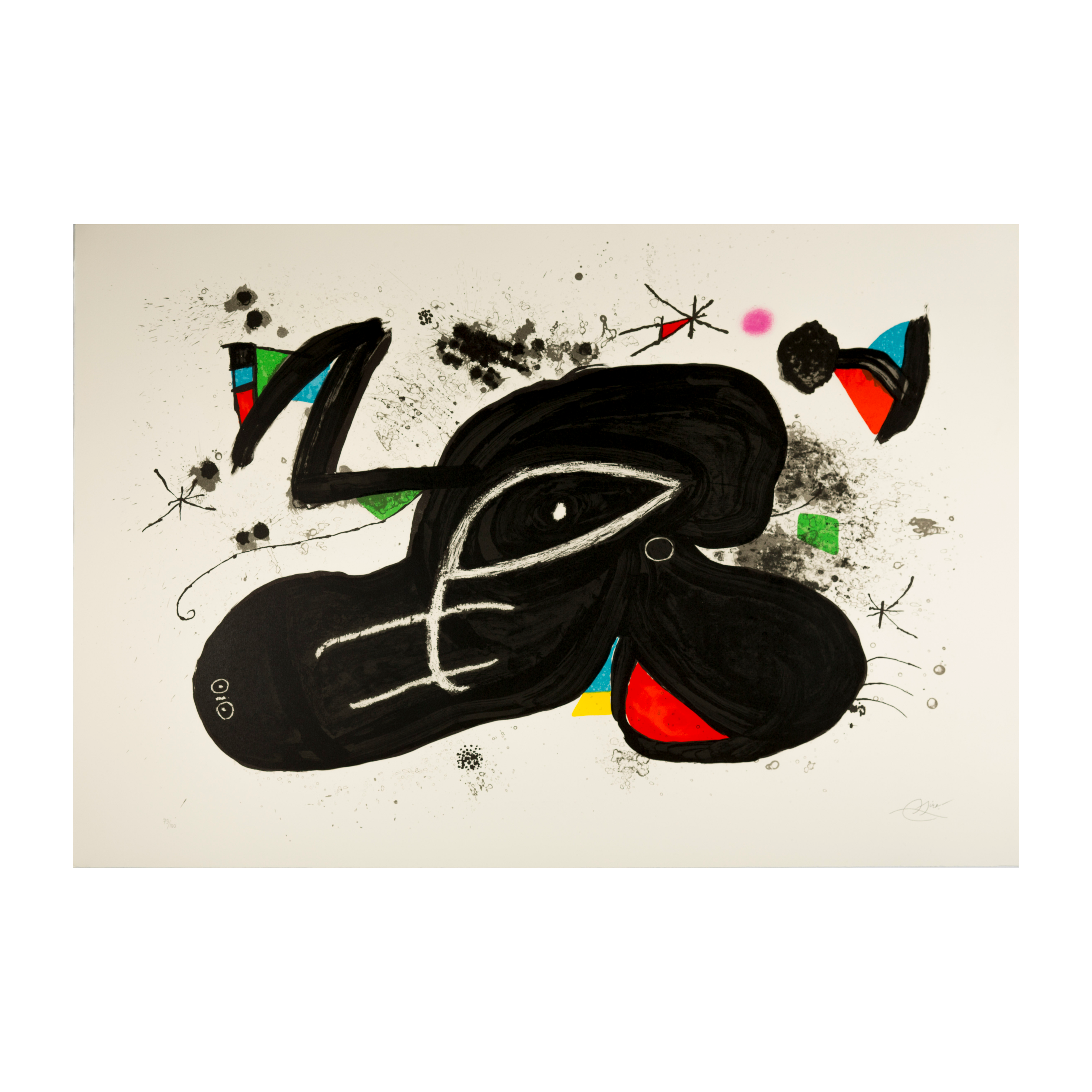 An abstract artwork featuring bold black shapes intertwined with vibrant colours like red, green, and blue. The composition includes playful lines and dots, creating a dynamic and whimsical visual experience.