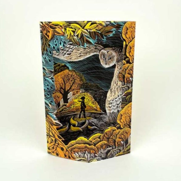 A vibrant, illustrated scene featuring a person walking by a river under a starry sky. Surrounding them are stylised trees and owls, with intricate patterns and bold colours creating a whimsical, enchanting atmosphere.