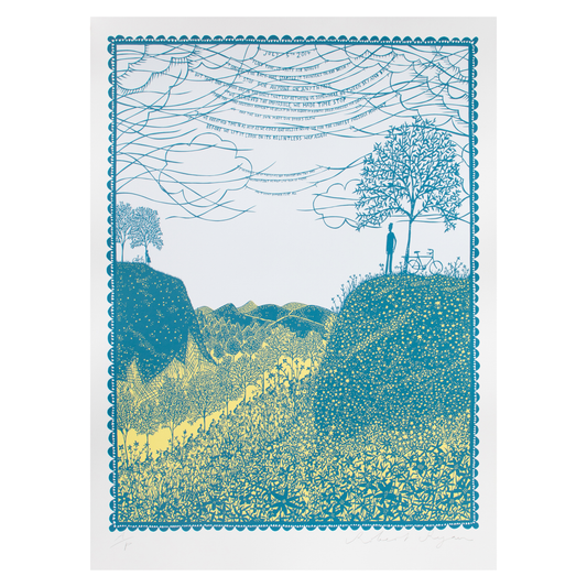 A stylised landscape print featuring rolling hills and a figure standing beside a bicycle. Above, intricate clouds and text patterns create a whimsical sky. Two trees frame the scene, with a vibrant colour palette of blue and yellow.