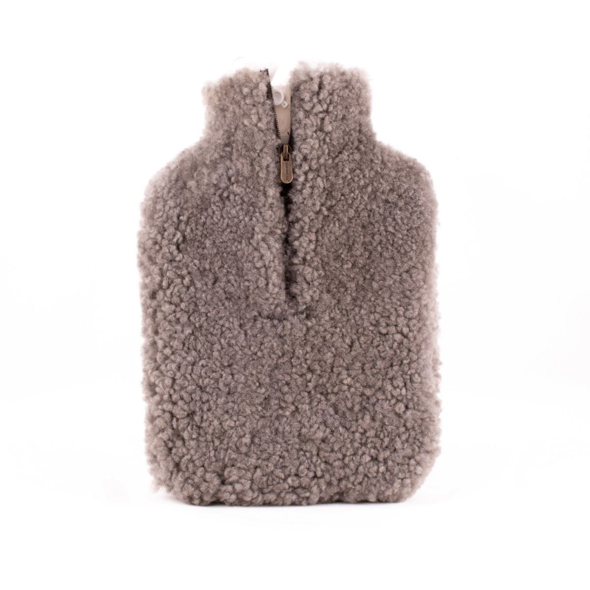 A soft, grey hot water bottle cover made from fluffy, textured material. It features a zip closure at the top and has a simple, minimalist design, set against a plain white background.