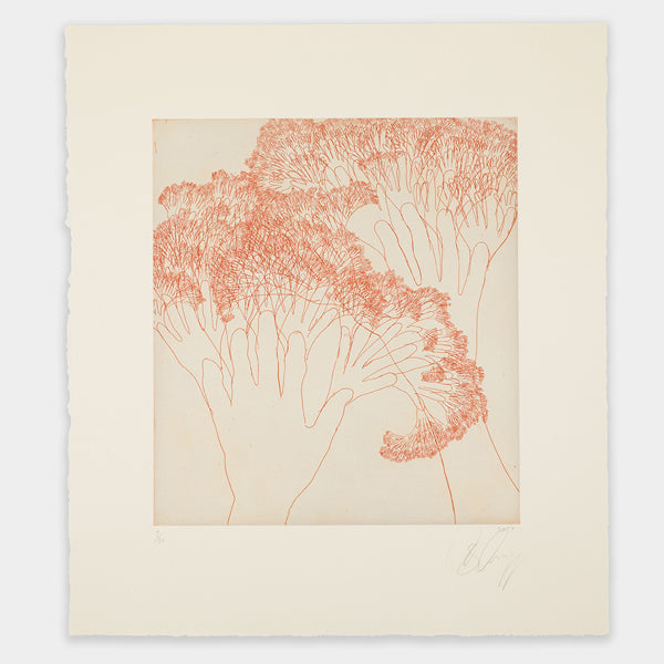 A minimalist artwork featuring two large, stylised hands reaching towards abstract coral-like forms. The image is rendered in a warm red hue against a soft, off-white background, with a textured border and artist's signature at the bottom.