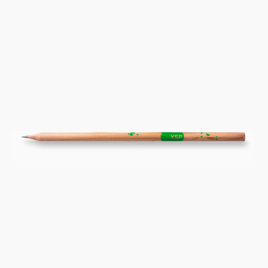 A wooden pencil with a sharpened tip, featuring a green logo that reads "YSP" along its length. The pencil is placed against a plain white background.